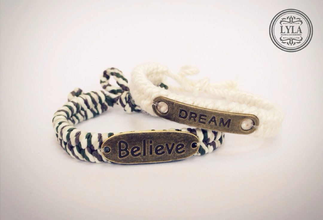 Believe绿白编绳＆Dream古铜纯白编绳 - 手链/手环 - 棉 白色