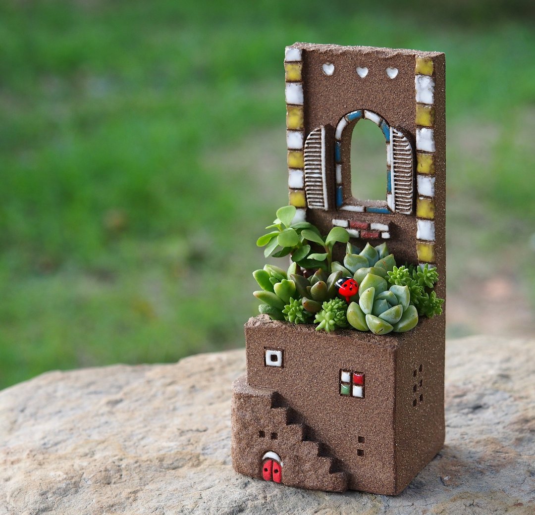 【花园小屋Garden】陶手作-超可爱小屋和窗(M) /岩石咖啡色/Ceramic House - 植栽/盆栽 - 其他材质 