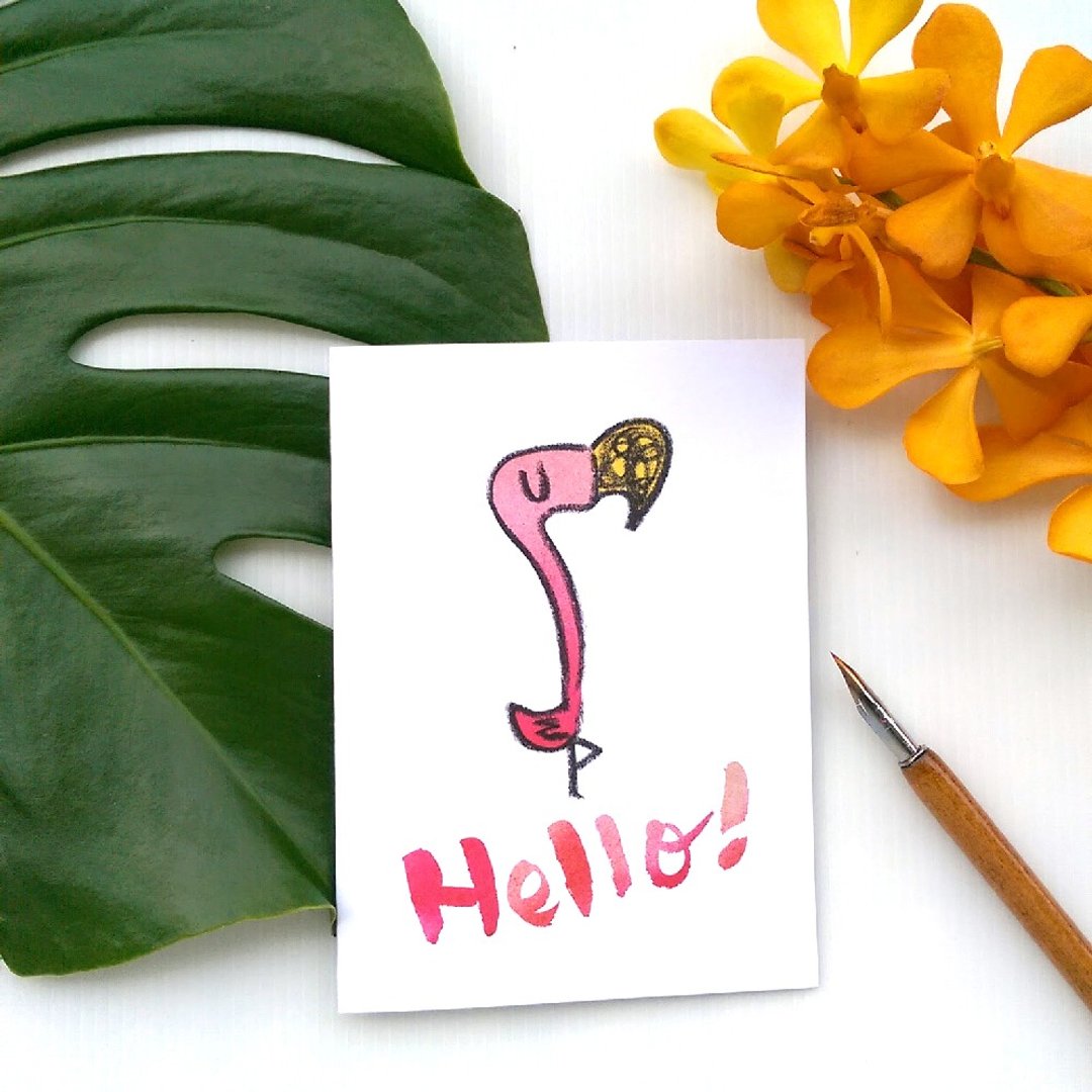Flamingo!红鹤哩贺 hello卡 水彩问候卡 - 卡片/明信片 - 纸 粉红色