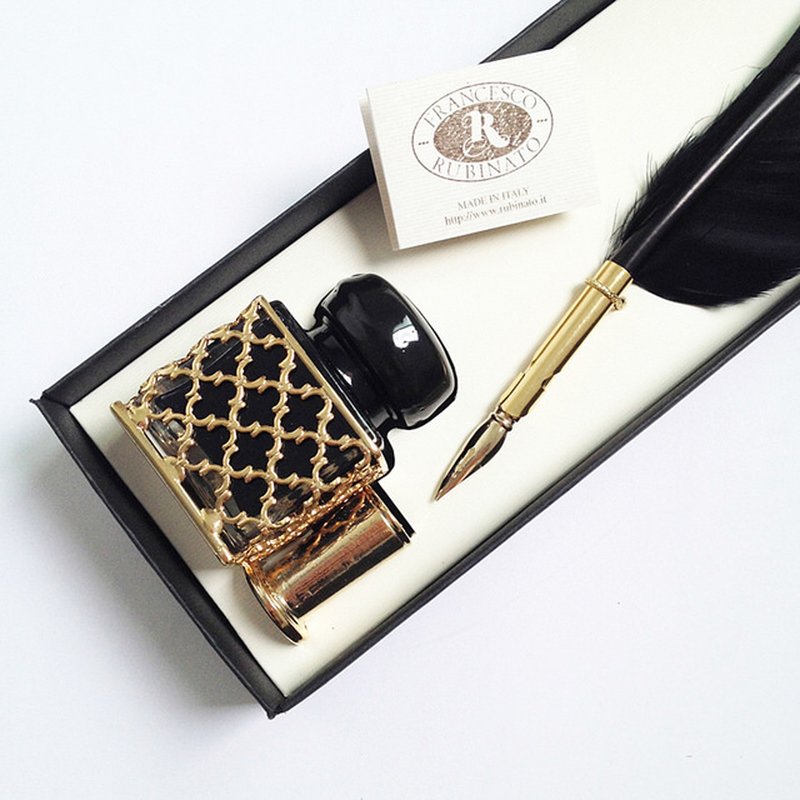 7461 羽毛笔+雕花墨水笔座礼盒 | Francesco Rubinato - 钢笔 - 其他材质 黑色