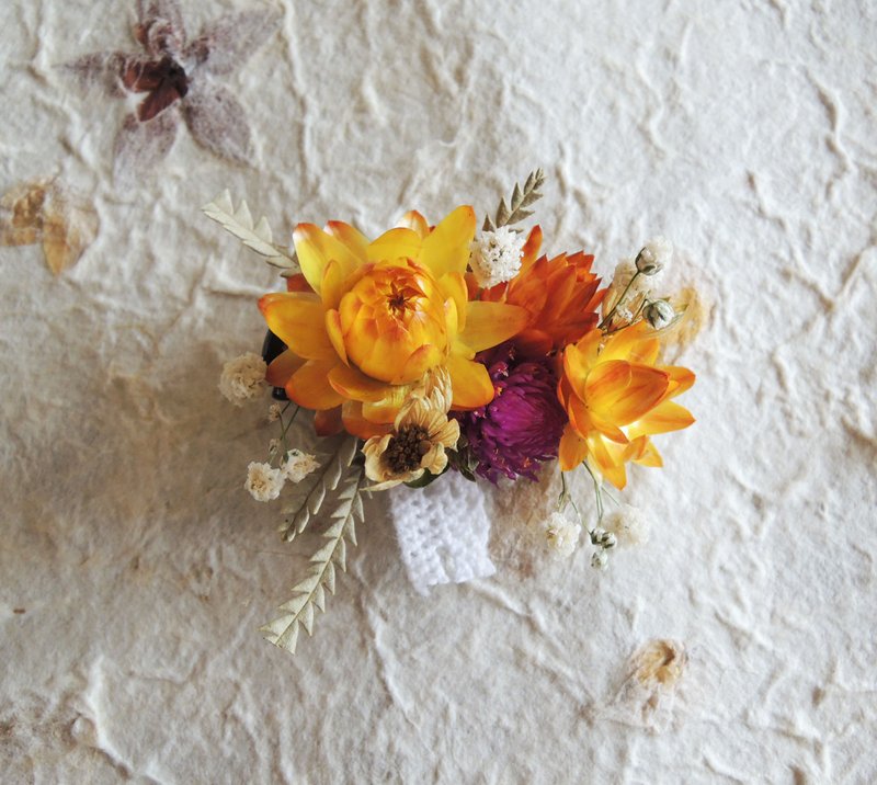 微甜·圈 经典系列 手作 黄麦杆菊 紫千日红 满天星 缎带 干燥花 发夹 新娘发饰 - 发饰 - 植物．花 黄色