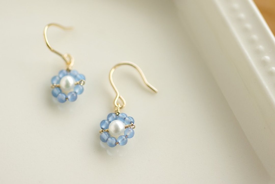 14kgf-Fleur Bleu earrings - 耳环/耳夹 - 半宝石 蓝色