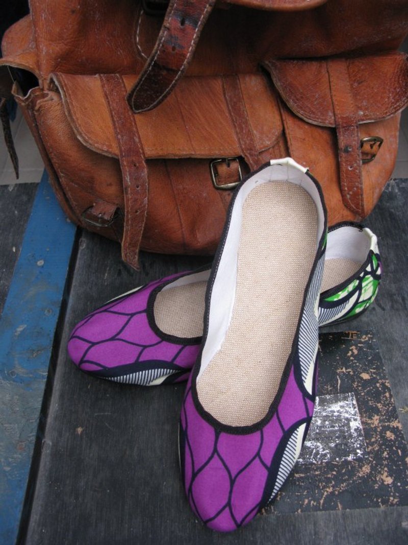 免邮优惠！请先询问现货再下标～洋嘎YOUNGA非洲花布鞋：紫色网眼 - 女款休闲鞋 - 棉．麻 黑色