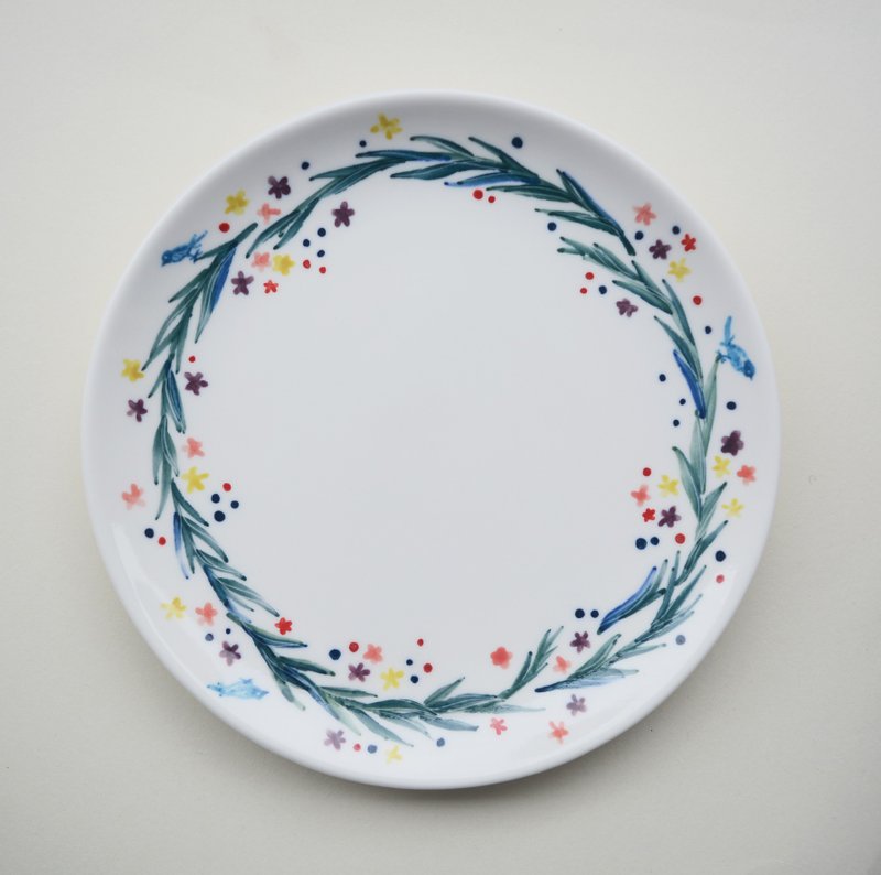 手绘7寸蛋糕盘 水草花圈与小青鸟 - 浅碟/小碟子 - 瓷 绿色