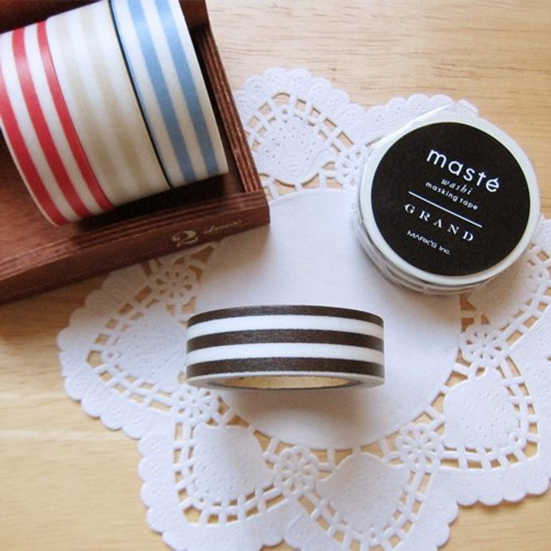 maste Masking Tape 和纸胶带【横条纹-咖啡+白 (MSG-MKT16-BR)】 - 纸胶带 - 纸 咖啡色