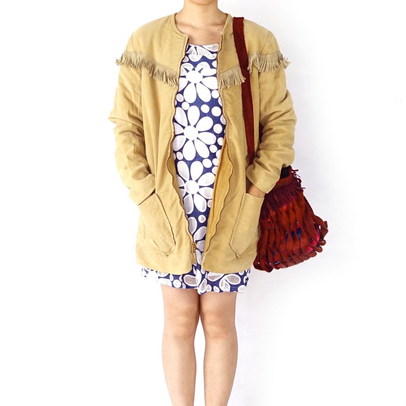 BajuTua/古着/卡其色嬉皮绒面流苏铺毛外套 - 女装休闲/机能外套 - 其他材质 卡其色