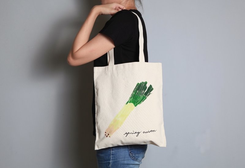 手绘手印 胚布提袋【青葱】单面图案 手提/肩背 - 侧背包/斜挎包 - 棉．麻 绿色