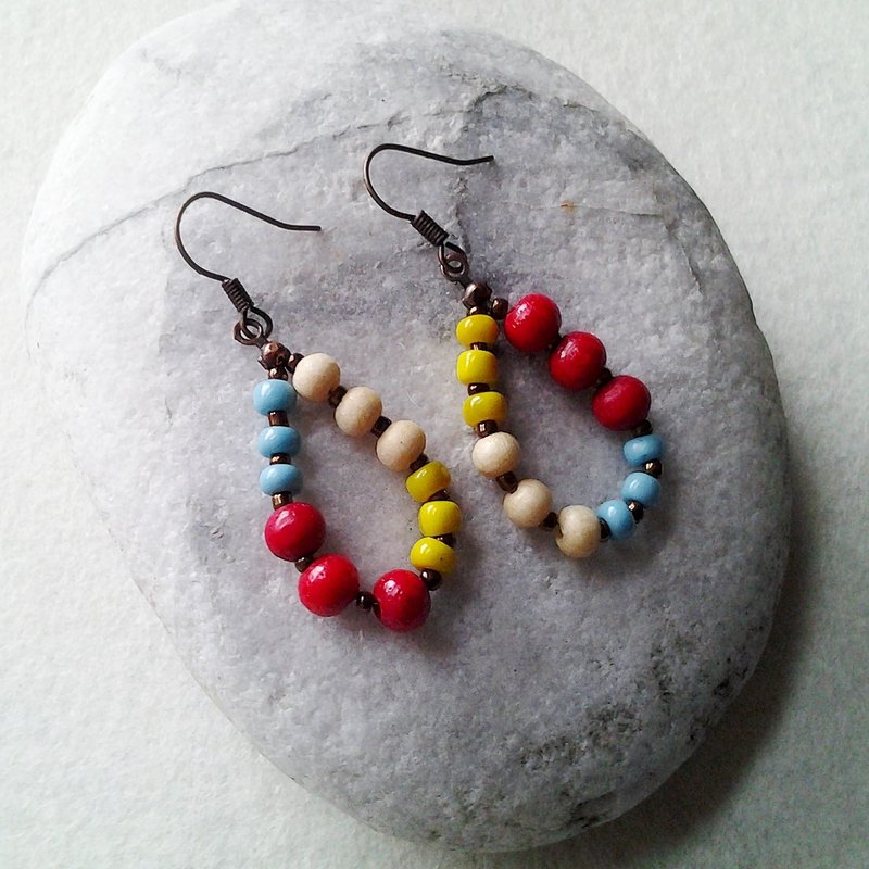 Muse 时尚民族风红色木珠多彩珠耳环 - 耳环/耳夹 - 其他材质 红色