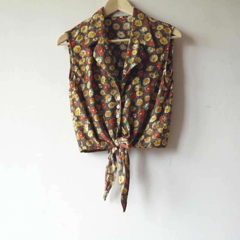 田园小花短板背心 - 女装上衣 - 其他材质 咖啡色