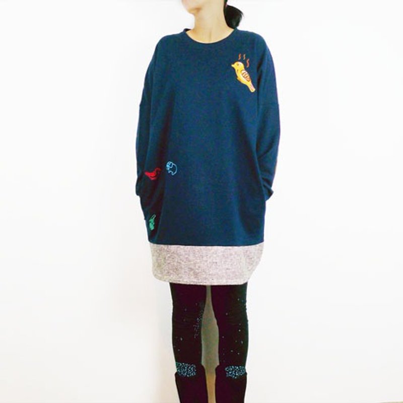 鸡蛋糕 长袖 拼接口袋长版衣款 / 深蓝 - 洋装/连衣裙 - 棉．麻 蓝色