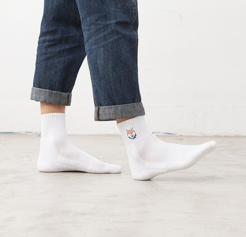 柴犬刺绣 白色机能短袜 - 袜子 - 棉．麻 白色