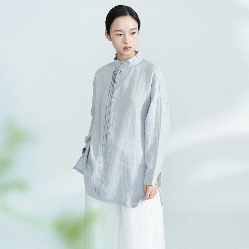 細膩亞麻褶皺設計中性套頭襯衫    藍灰色   SH140805 - 旗袍 - 棉．麻 灰色