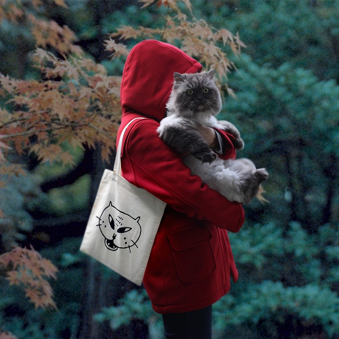 大猫手提袋｜外星猫 - 手提包/手提袋 - 棉 黑色
