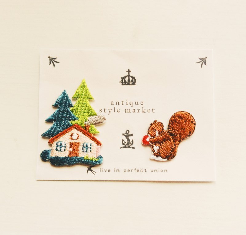 *Appliqué*森林系房子松鼠刺绣贴花 diy zakka - 胸针 - 其他材质 绿色