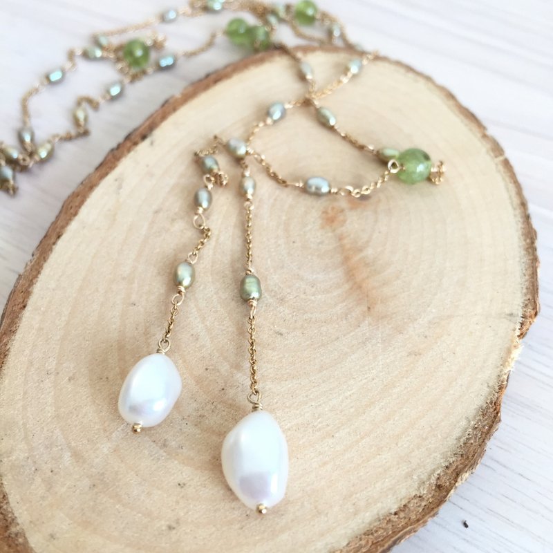 {巴黎露天咖啡座} 天然绿珍珠橄榄石 Lariat长链 // 14K注金 - 项链 - 其他材质 