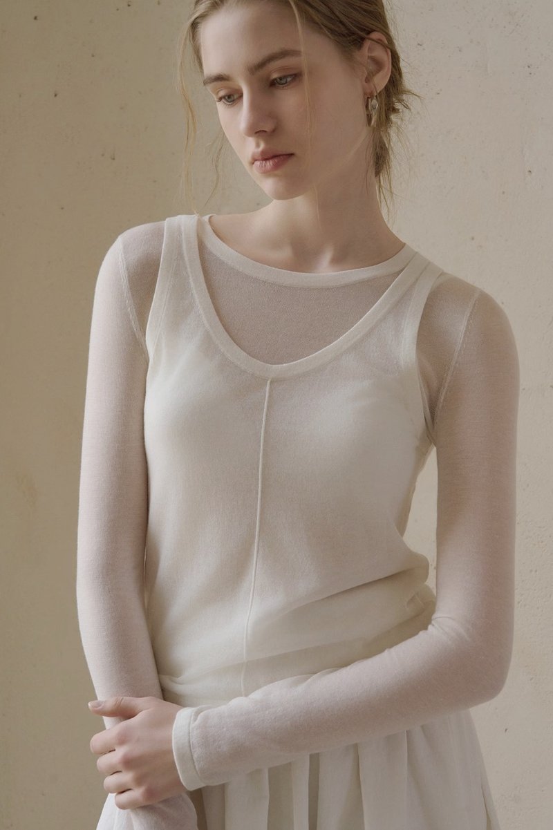 法式极简 真丝羊绒圆领背心 针织长袖上衣两件套 - 女装上衣 - 其他材质 多色