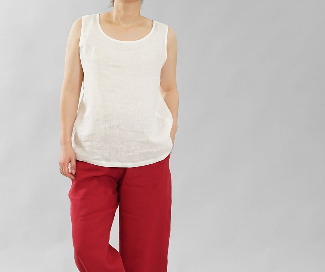 wafu Linen tank top / tops / sleeveless / crew neck / white t009b -wht1 - 女装上衣 - 棉 白色