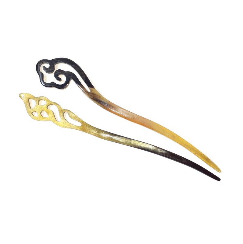 2件组 天然牛角发簪 - 日式复古发夹叉 - 发饰 - 环保材料 咖啡色