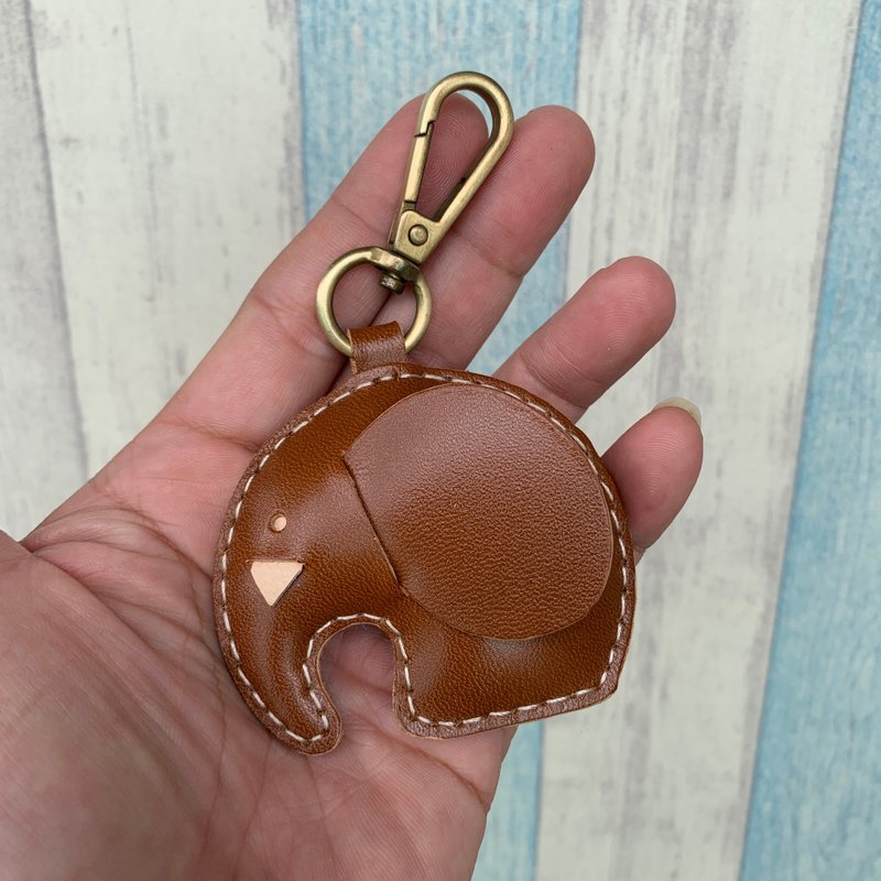 疗愈小物 手工皮革 棕色 可爱 小象 纯手工缝制 钥匙扣 小尺寸 - 钥匙链/钥匙包 - 真皮 咖啡色