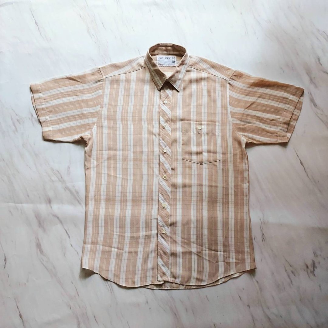 格兰品牌 奶茶条纹短袖古董花衬衫/夏威夷花衬衫 - 男装衬衫 - 棉 