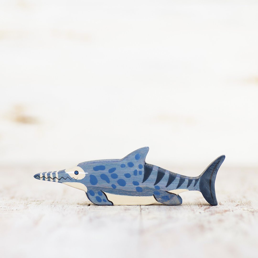 Wooden ichthyosaurus toy Dinosaur figurine Prehistoric Sea dinosaur Swimming Din - 玩具/玩偶 - 环保材料 蓝色
