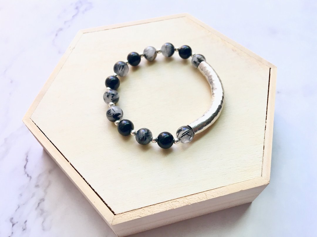 Ops Black Rutilated Quartz Silver-黑发晶/银管/个性/弹性绳 - 手链/手环 - 其他金属 黑色