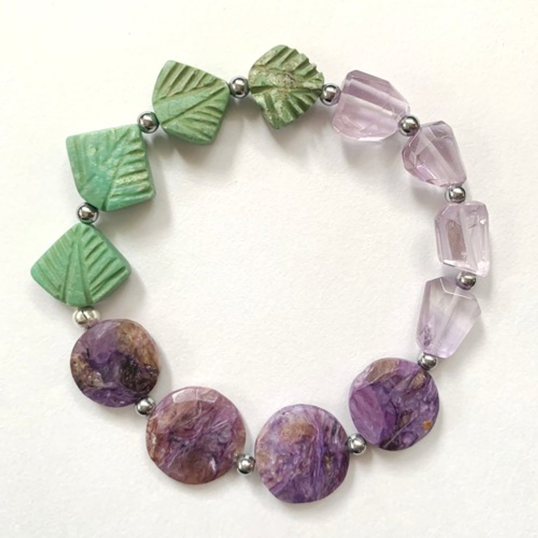 Natural stone easy bracelet [Pamela Jo] Amethyst/Malachite/Charoite [February birthstone] - 手链/手环 - 宝石 