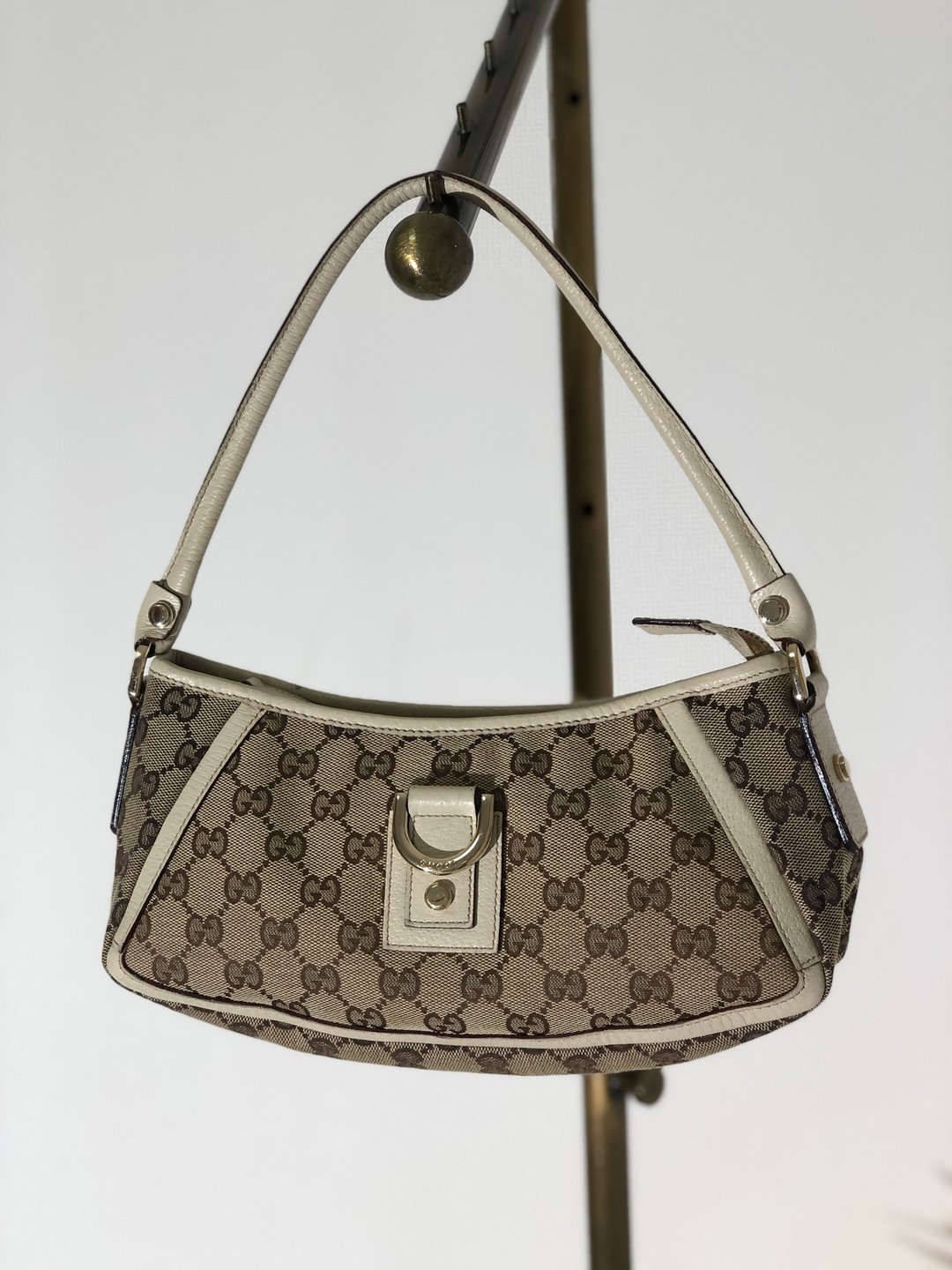 【 日本直送 名牌中古包 】GUCCI 古驰 GG缇花 拼接帆布 Hobo 包 肩背包 米色 vintage 2eihjw - 手提包/手提袋 - 真皮 咖啡色
