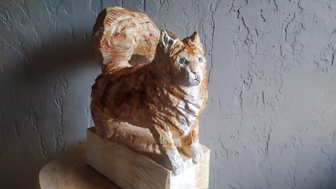 Cat wood sculpture - 玩偶/公仔 - 木头 橘色