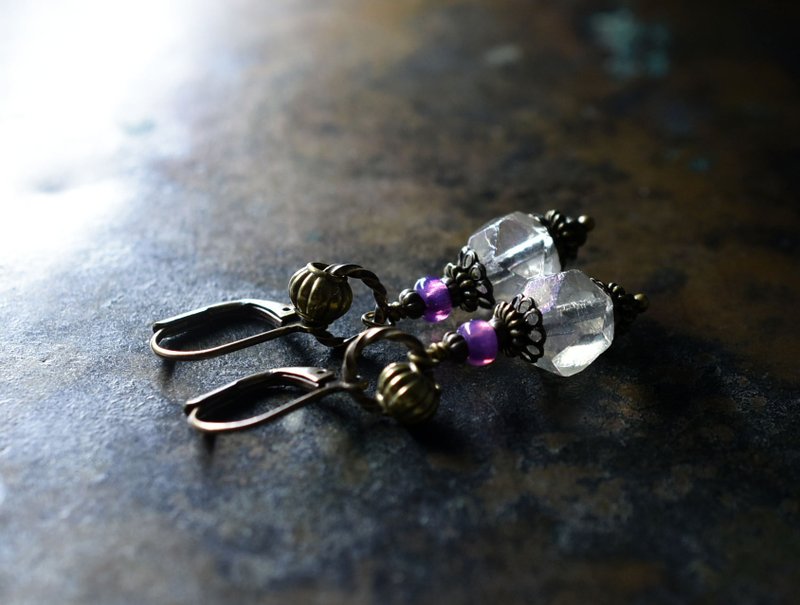 复古极光捷克水晶与法国复古紫罗兰色水晶串饰戒指耳环 - 耳环/耳夹 - 绣线 透明