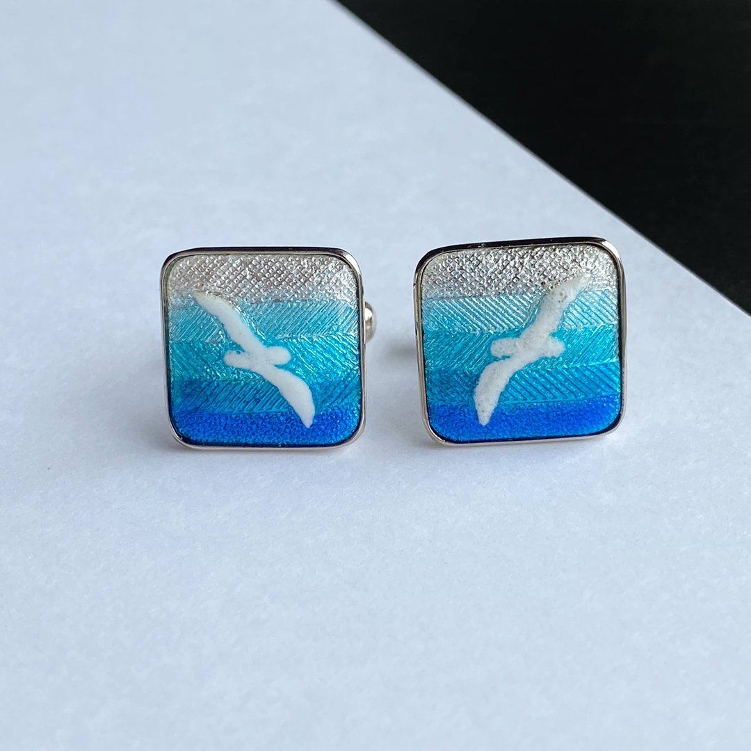 Seagull [Sky Blue Sky Blue] Cloisonne Cufflinks Cufflinks Pure Silver Foil Cloisonne - 袖扣 - 其他材质 蓝色