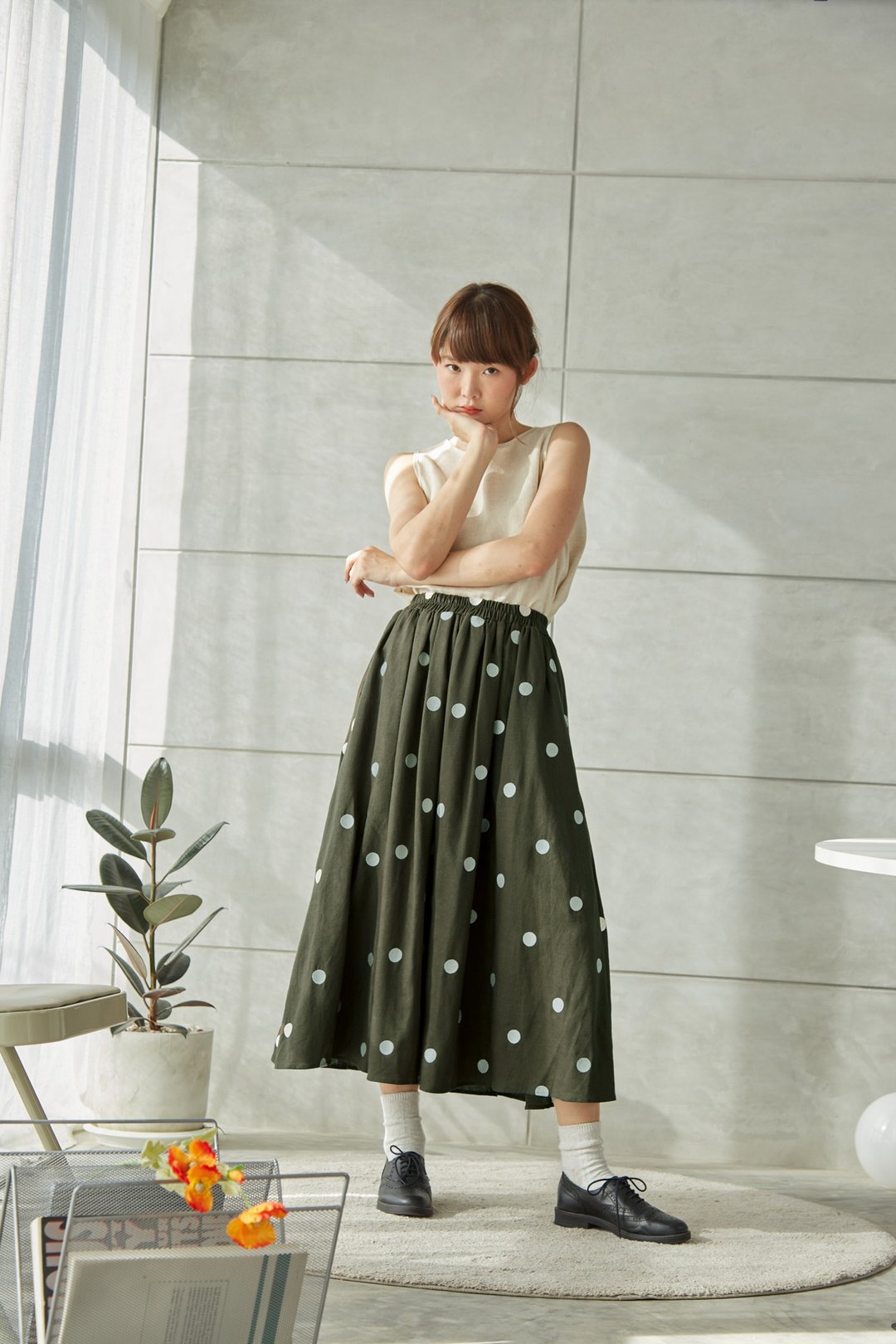Linen Paneled Skirt With Polkadot Embroidered - Seaweed Green Color - 裙子 - 棉 绿色