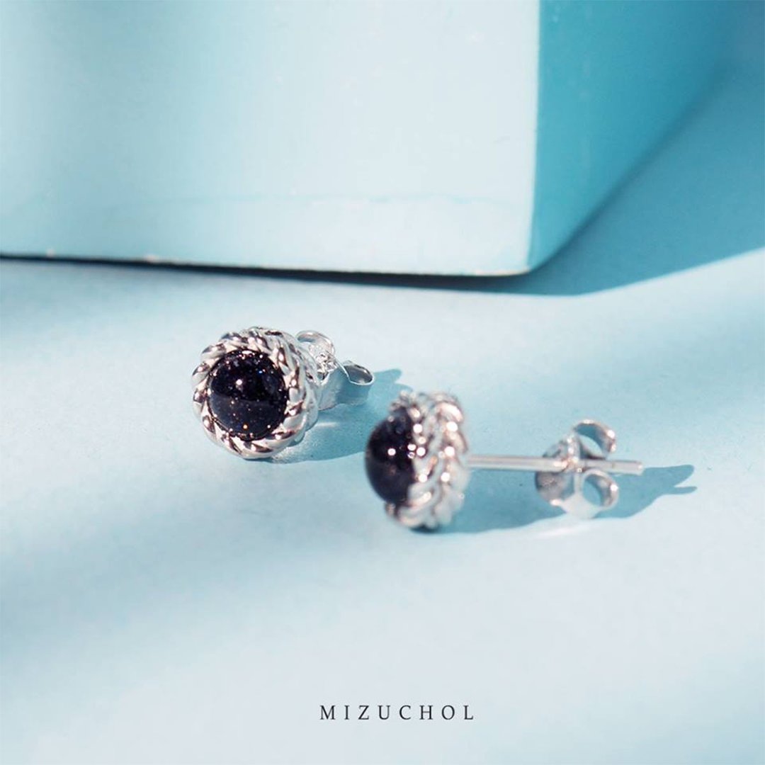Dreamy Night Earrings (RD) - Blue Sand Stone - 耳环/耳夹 - 石头 银色