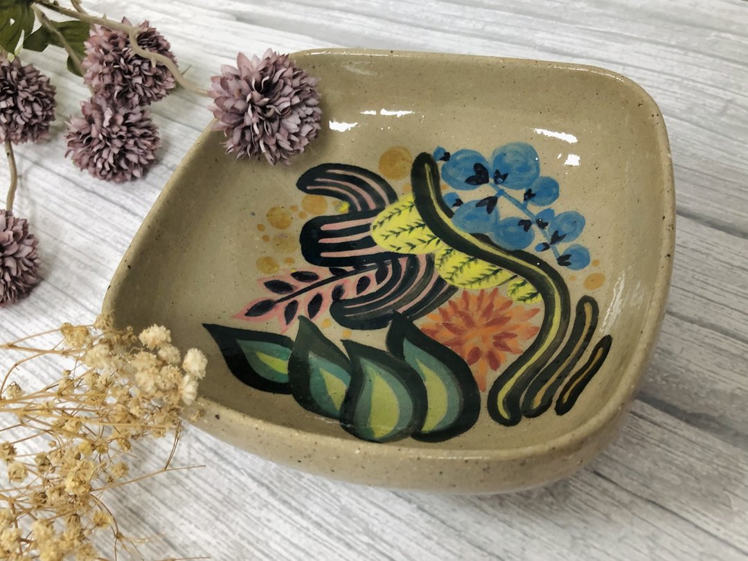 小陶品 植感系列 纯手工制作绘制陶方盘 点心盘 装饰摆件 - 餐桌/书桌 - 陶 咖啡色