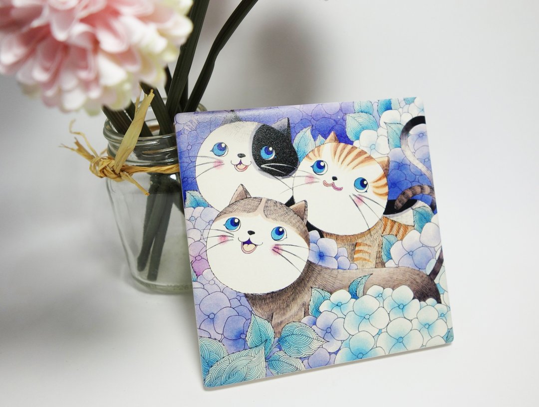 插画陶瓷吸水杯垫 (紫阳花猫咪三姐妹)缺货中 - 杯垫 - 陶 蓝色