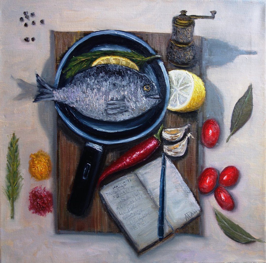 Fish Painting Oil Kitchen Original Art Food Artwork Still Life Canvas Art - 海报/装饰画/版画 - 颜料 多色