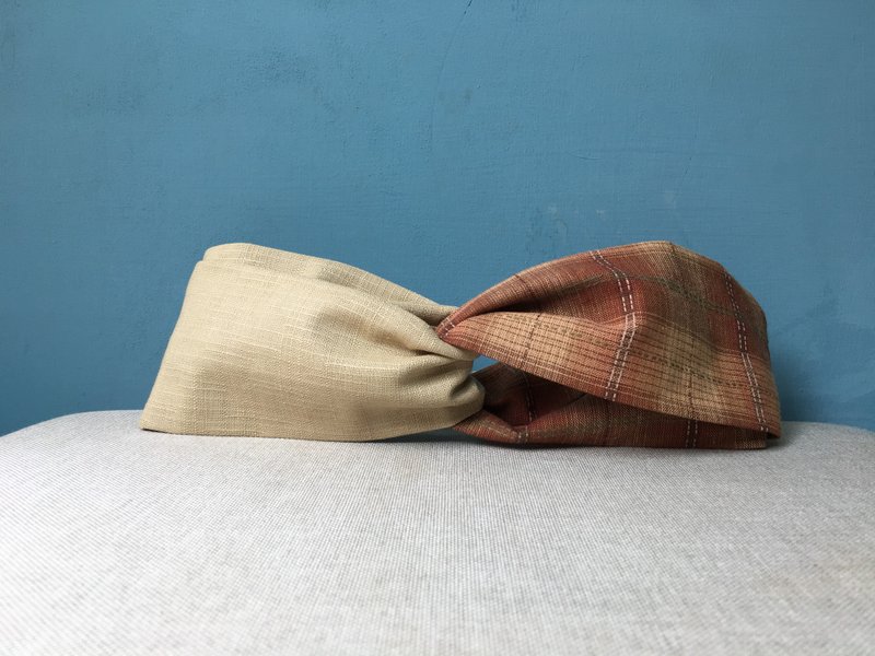 双拼发带 / 怀旧的味道 - 杏色 / 先染布 - 发带/发箍 - 棉．麻 卡其色