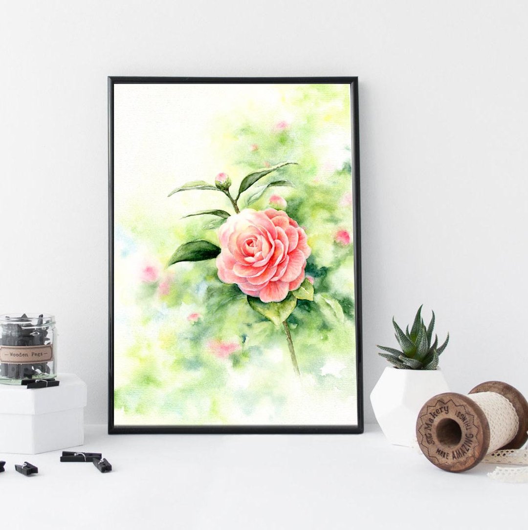 【山茶花】限量版印制画 | 花朵水彩艺术墙 | 灌木海石榴季节挂画 - 海报/装饰画/版画 - 纸 