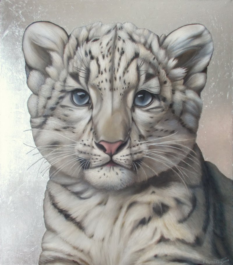 雪猫、雪豹、银箔艺术、现代动物绘画、原始布面动物画、野生动物 - 墙贴/壁贴 - 其他材质 多色