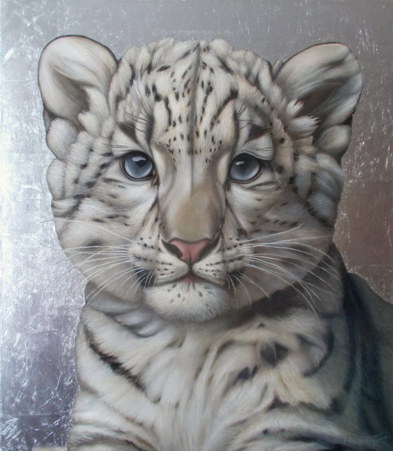 雪猫、雪豹、银箔艺术、现代动物绘画、原始布面动物画、野生动物 - 墙贴/壁贴 - 其他材质 多色