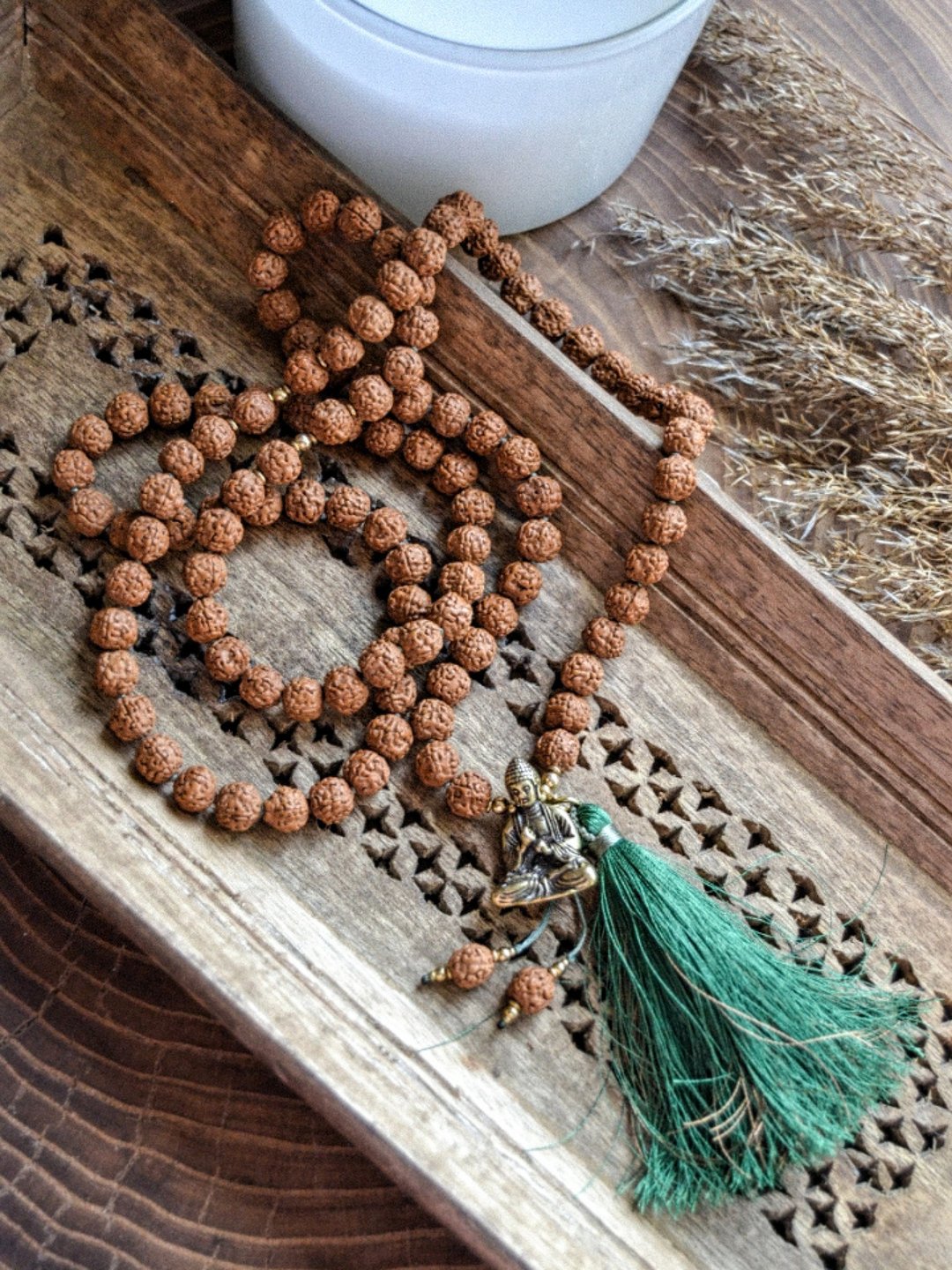 印度 Rudraksha Mala 108 珠与佛和流苏 - 项链 - 木头 咖啡色