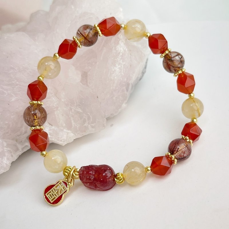 招财/旺运势-晶点草莓貔貅金红钛晶手链 - 手链/手环 - 水晶 