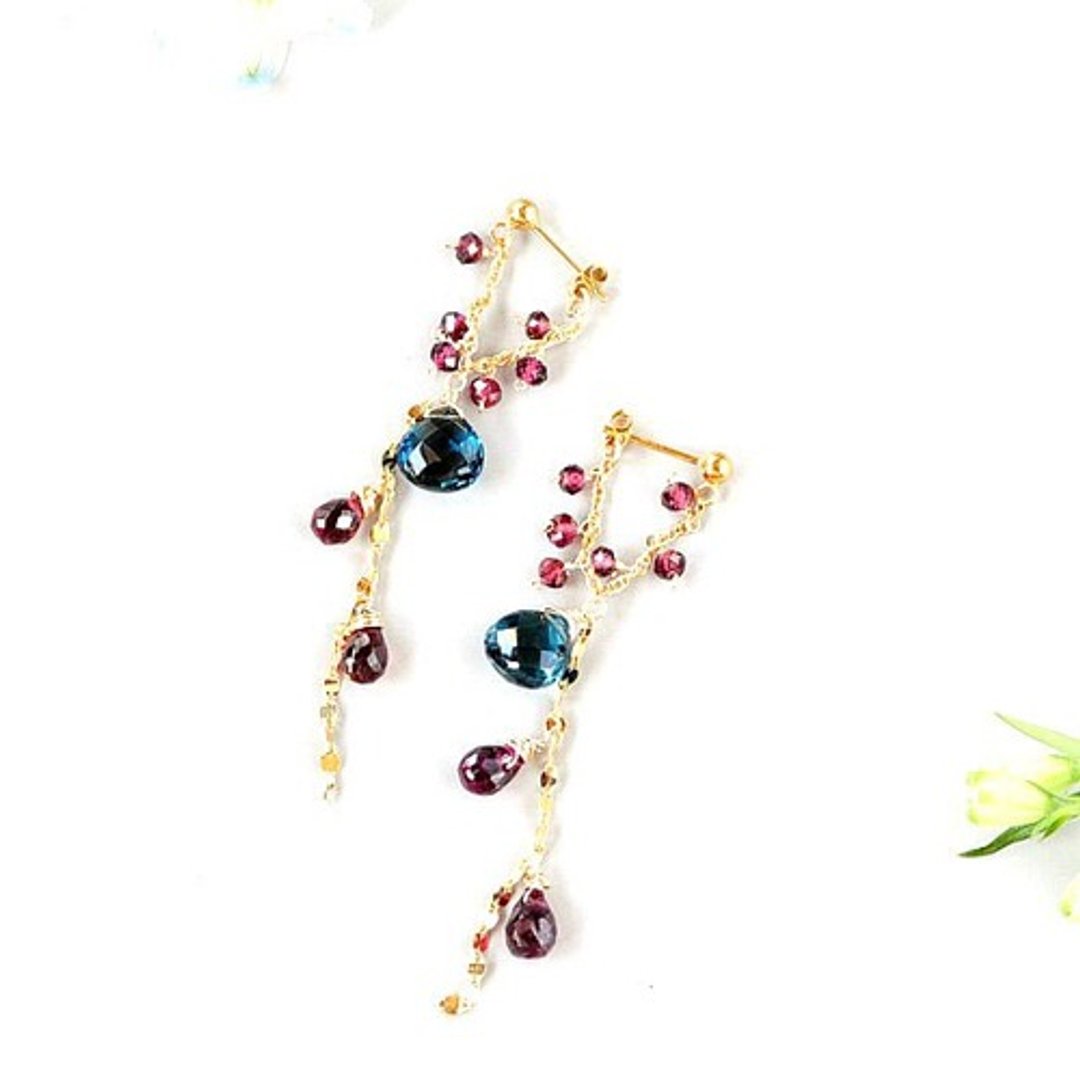 14kgf/London Bull Topaz x Rhodolite Garnet Post Earrings 14kgf - 耳环/耳夹 - 其他金属 