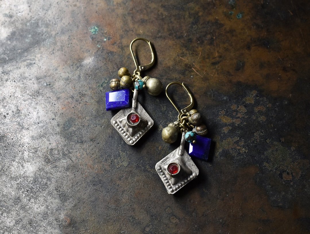 Kuchi tribe metal parts and ethnic bells, lapis, turquoise earrings resale - 耳环/耳夹 - 其他金属 银色