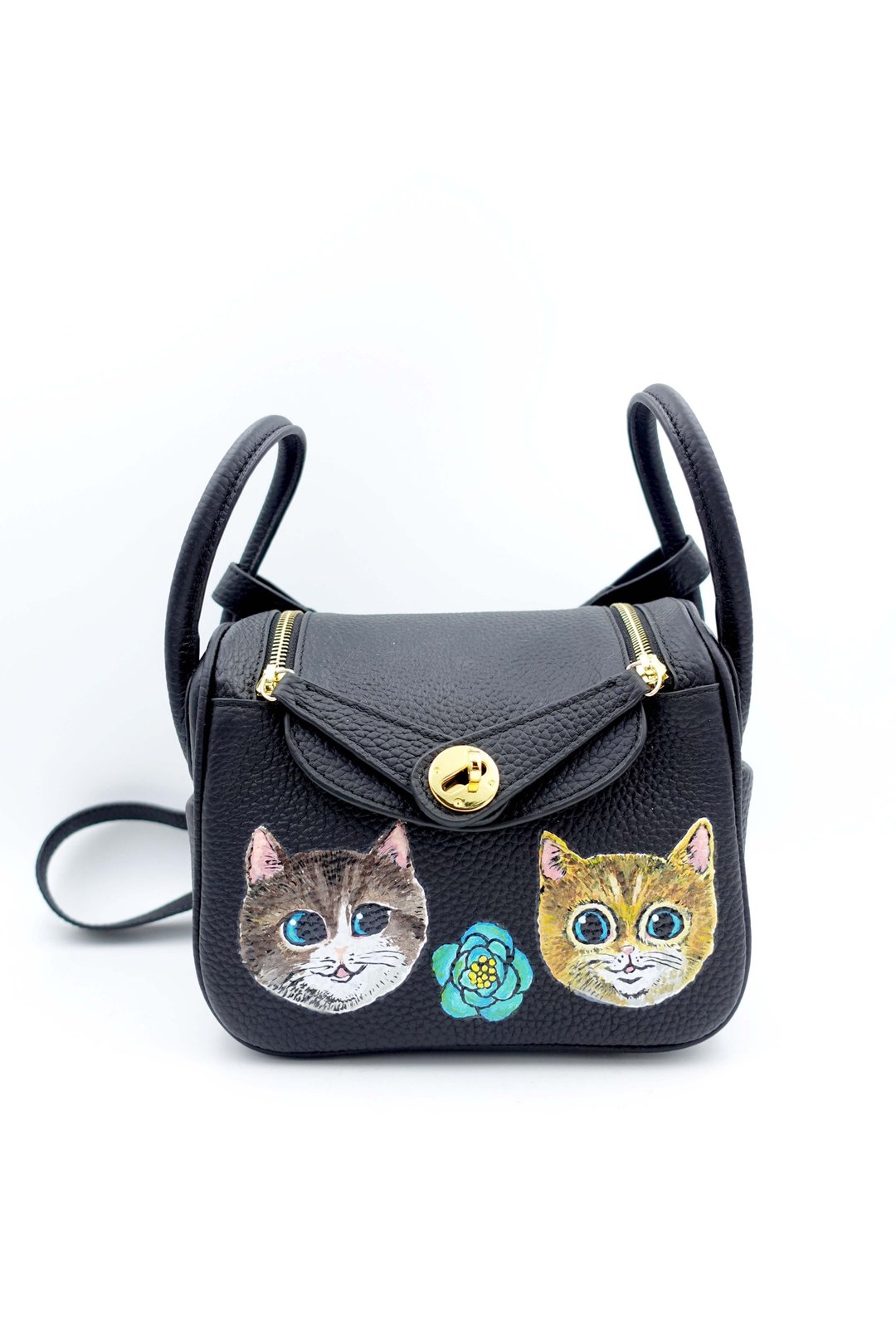 GOOKASO 黑色真皮牛皮革手绘猫咪包包手袋26cm LINDY款单肩手袋 - 侧背包/斜挎包 - 真皮 黑色