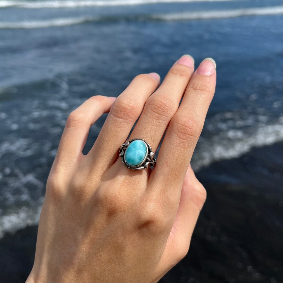喜迎瑶 925银 海纹石 拉利玛 戒指 手工银饰 复古风 嬉皮 民族风 - 戒指 - 水晶 银色