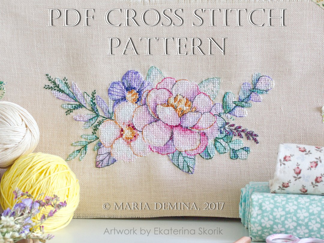 Enchanting Floral bouquet - watercolor PDF cross stitch pattern - 手工艺教程/工具书 - 其他材质 