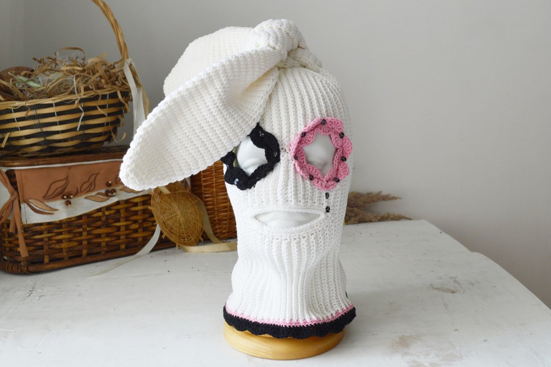 Psycho white bunny hat Custom knitted balaclava ski mask with ears women men - 帽子 - 棉 白色