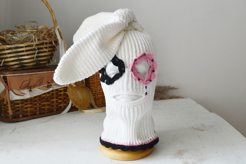Psycho white bunny hat Custom knitted balaclava ski mask with ears women men - 帽子 - 棉．麻 白色
