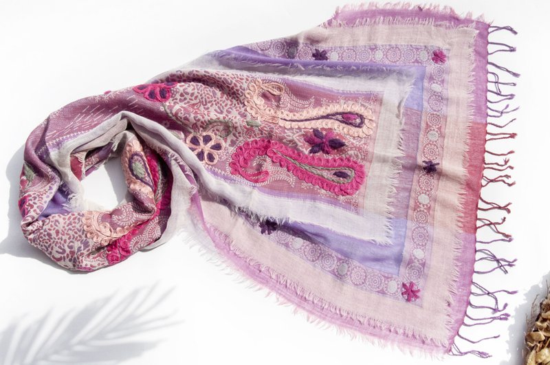 喀什米尔Cashmere/水煮羊毛披肩/针织围巾/刺绣围巾/羊绒披巾-花 - 围巾/披肩 - 羊毛 粉红色